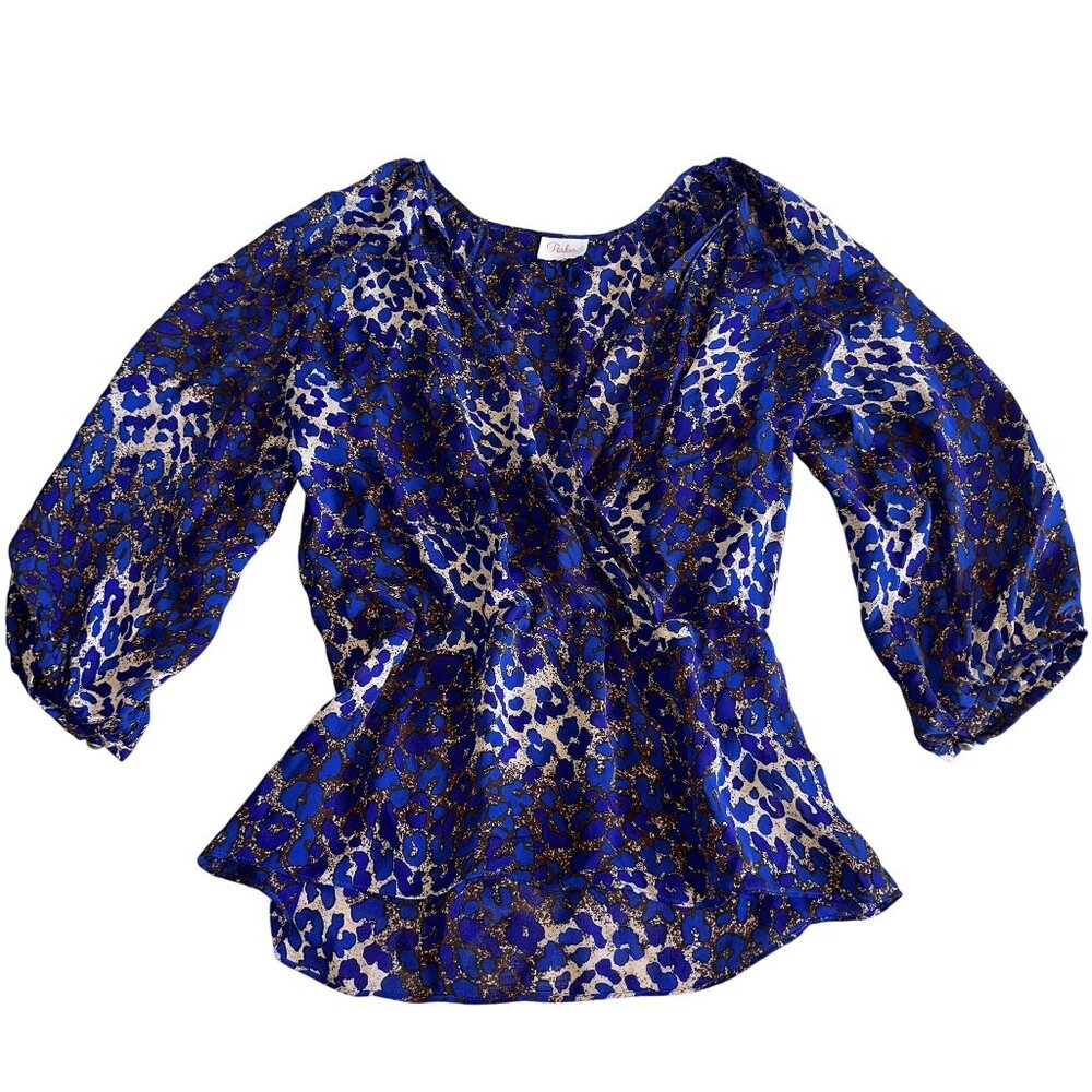 Parker Silk Blouse Blue Brown Leopard Print Peplum Top Small